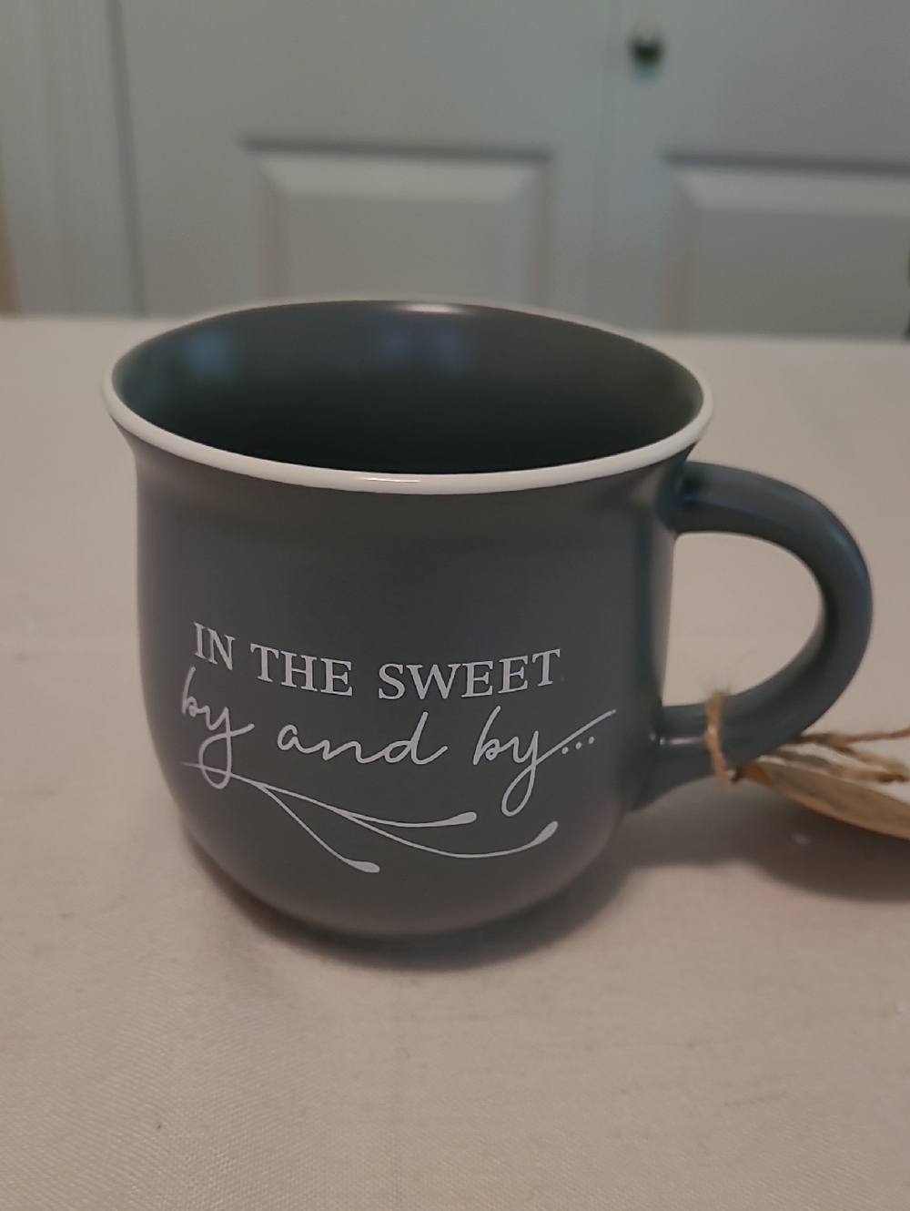 Matte Gray Ceramic Mug with White Script - Home Dining